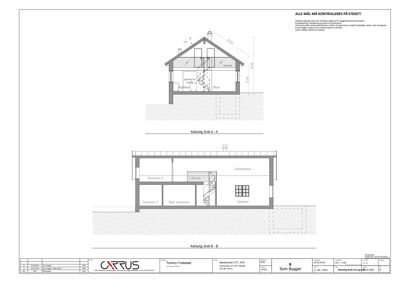 Bildet viser to snittegninger (Kårbolig Snitt A-A og Kårbolig Snitt B-B) som illustrerer bygningens tverrsnitt, romfordeling og høyder.