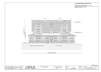 Fasadetegning av et hus sett fra sør, med mål og notasjoner.