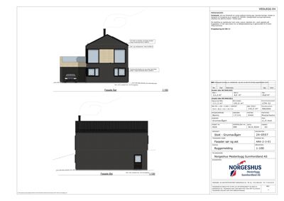 Fasadetegning som viser bygningens utseende fra sør og øst, inkludert vinduer, dører og takform.