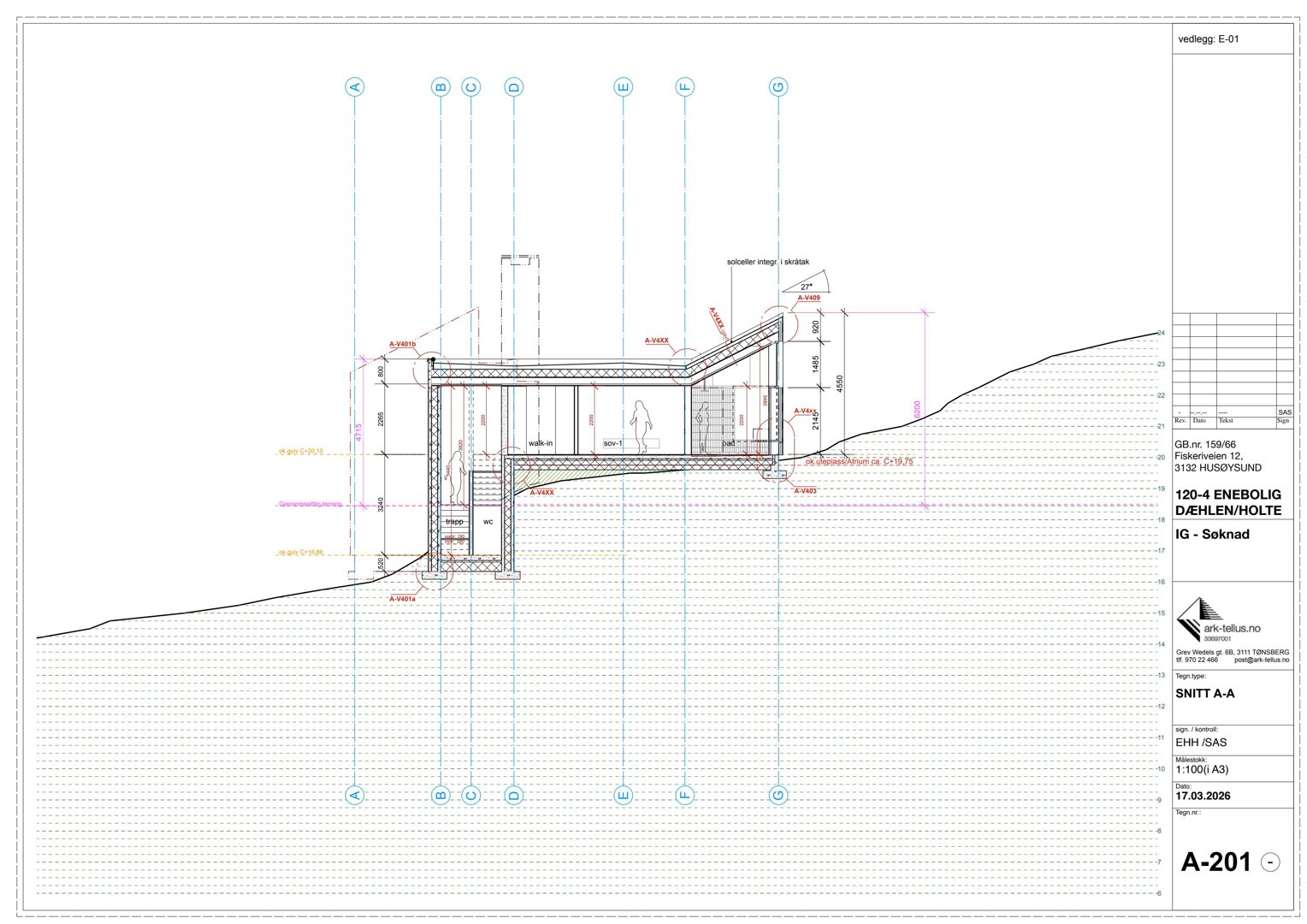 Snittegning (SNITT A-A) som viser bygningens tverrsnitt, høyder, grunnforhold og innvendig oppbygging.