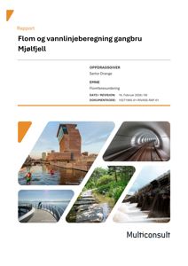 Dekkside av en rapport om flomberegning for gangbru i Mjølfjell. Siden inneholder flere foton av bygninger og vannmiljø.