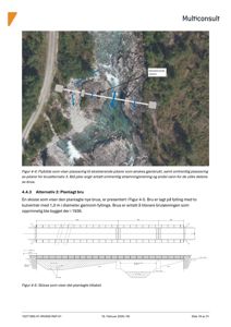 Et flyfoto som viser eksisterende pilarer i en elv, med overlagte blå pil som indikerer vannstrømning og plassering for en ny bru.