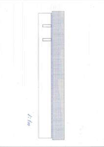 Fasadetegning som viser bygningens utseende fra siden, med tegnet tak og vindusåpninger.