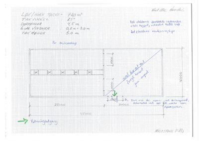 Håndtegnet etasjeplan (takkonstruksjon) med mål, romoppdeling og notater om vinduer og dører.