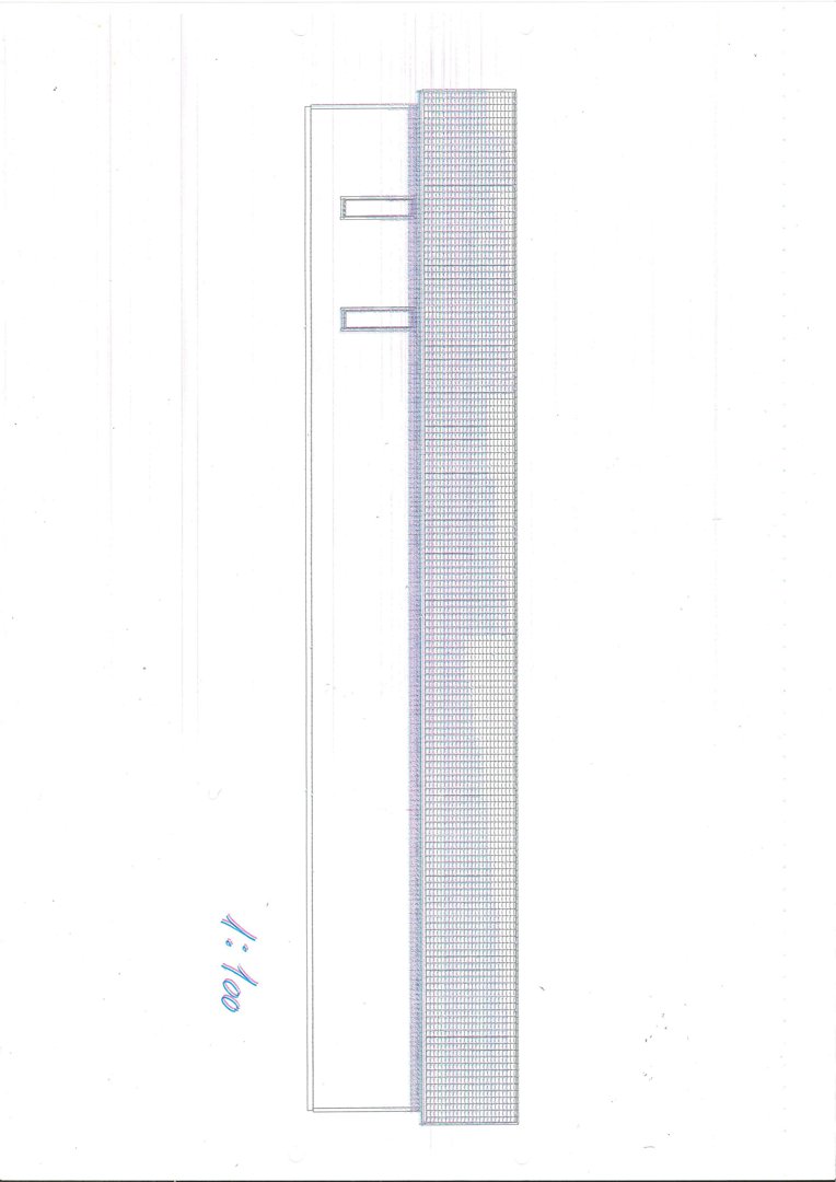 Fasadetegning som viser bygningens utseende fra siden, med tegnet tak og vindusåpninger.