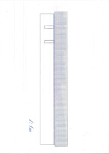 Fasadetegning som viser bygningens utseende fra siden, med tegnet tak og vindusåpninger.