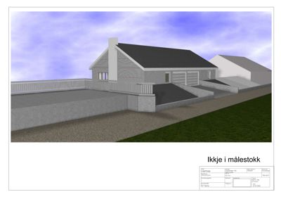 3D-visualisering av en husfasade med omgivelser, inkludert tak, vegger, garasjeport, trapp og hekk.