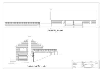 Fasadetegning som viser bygningens utseende fra øst og sør før og etter endringer.