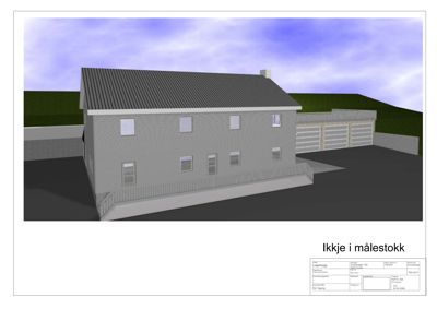 3D-visualisering av en planlagt bygning med garasje og omgivelser