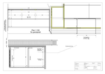 En detaljtegning som viser konstruksjonen av en ny garasjeport og en kjørebru, inkludert mål, materialer (elementdeksel, trelast) og forhold til eksisterende vegger.