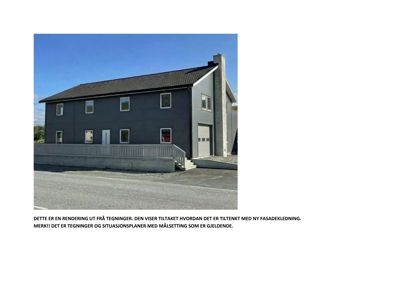 3D-visualisering (rendering) av en bygning med ny fasadebekledning, inkludert tak, vinduer og tilhørende rampe.