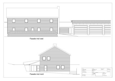Tegning som viser fasadeopprikk for en bygning sett fra vest og nord.