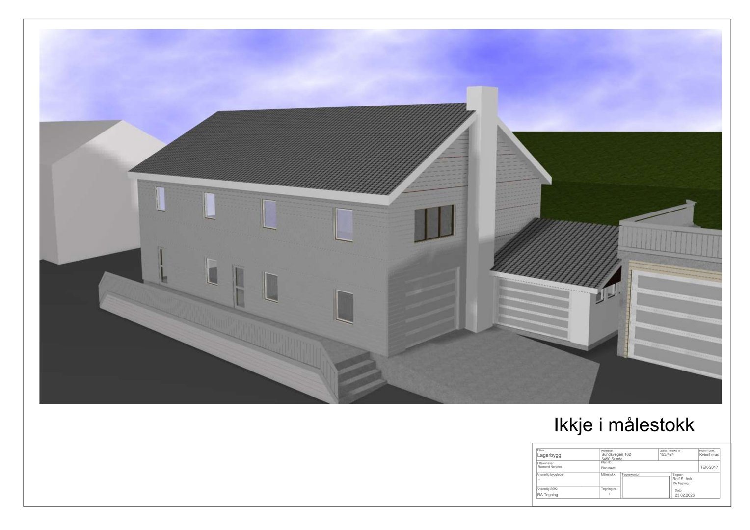 3D-visualisering av en planlagt bygning med garasje og tilhørende bygninger.