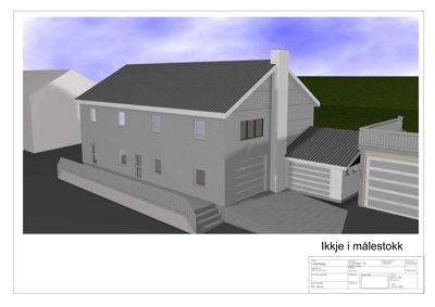 3D-visualisering av en planlagt bygning med garasje og tilhørende bygninger.