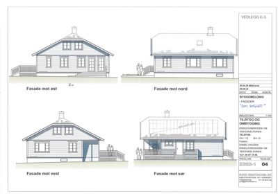 Fasadetegning som viser bygningens utseende fra alle fire sider (øst, nord, vest og sør).