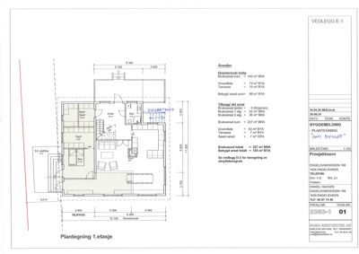Plantegning av 1. etasje med romfordeling, mål og arealoppsett