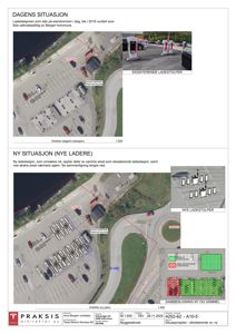 Situasjonsplan som viser dagens ladestasjonsanlegg og et forslag til nytt anlegg med flere ladeplasser.