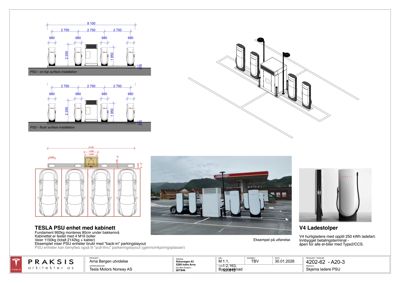 Tegning som viser detaljerte dimensjoner og plassering av Tesla-ladestolper (PSU) i et parkeringsområde, inkludert overflateinstallasjon og 'back-in' layout.