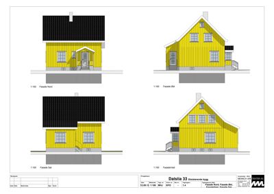 Bildet viser en fasadetekning av en eksisterende bygning med utsnitt av Nord, Øst, Sør og Vest.