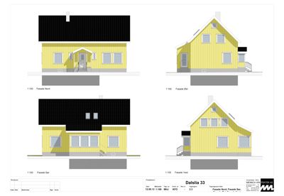 Bildet viser fasadetegninger for en bygning, med utsnitt mot Nord, Øst, Sør og Vest.