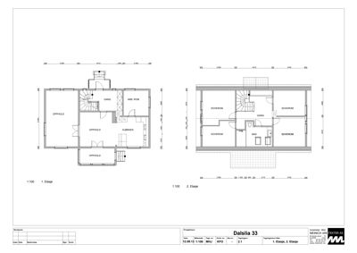 Plantegning som viser romfordeling for 1. og 2. etasje i en bygning.