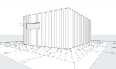 En tegning som viser fasadeopprikk av en bygning sett fra en vinkel, med synlig vindusåpning og taklinje.