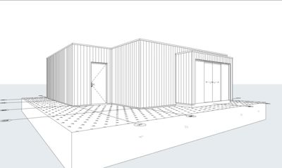 En tegning som viser fasaden på en bygning sett fra et vinklet utsnitt (perspektiv). Tegningen illustrerer bygningens form, dører, vinduer og fasadetekstur.