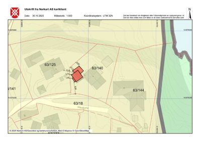 Situasjonsplan (tomtekart) som viser eiendomsinndeling, bygningers plassering og topografi.