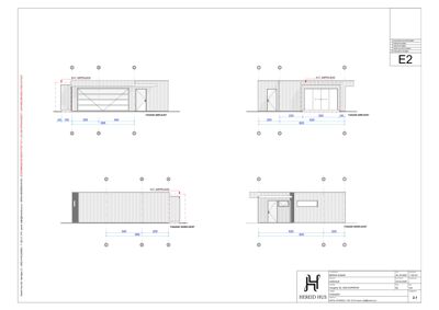 Fasadetegning som viser utsiden av en bygning sett fra fire ulike vinkler (NØR-ØST, SØR-VEST, NORD-VEST, VEST-ØST) med mål og detaljer.
