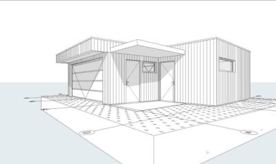En 3D-visualisering (rendering) av en liten bygning, sannsynligvis en garasje eller uthus, sett fra en vinkel som viser fasade og deler av taket.
