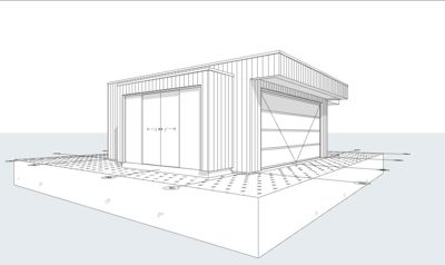 En 3D-visualisering (rendering) av en bygning sett fra et vinklet utsnitt. Tegningen viser fasade, takform, vindus- og døråpninger samt grunnplanets kantlinjer.