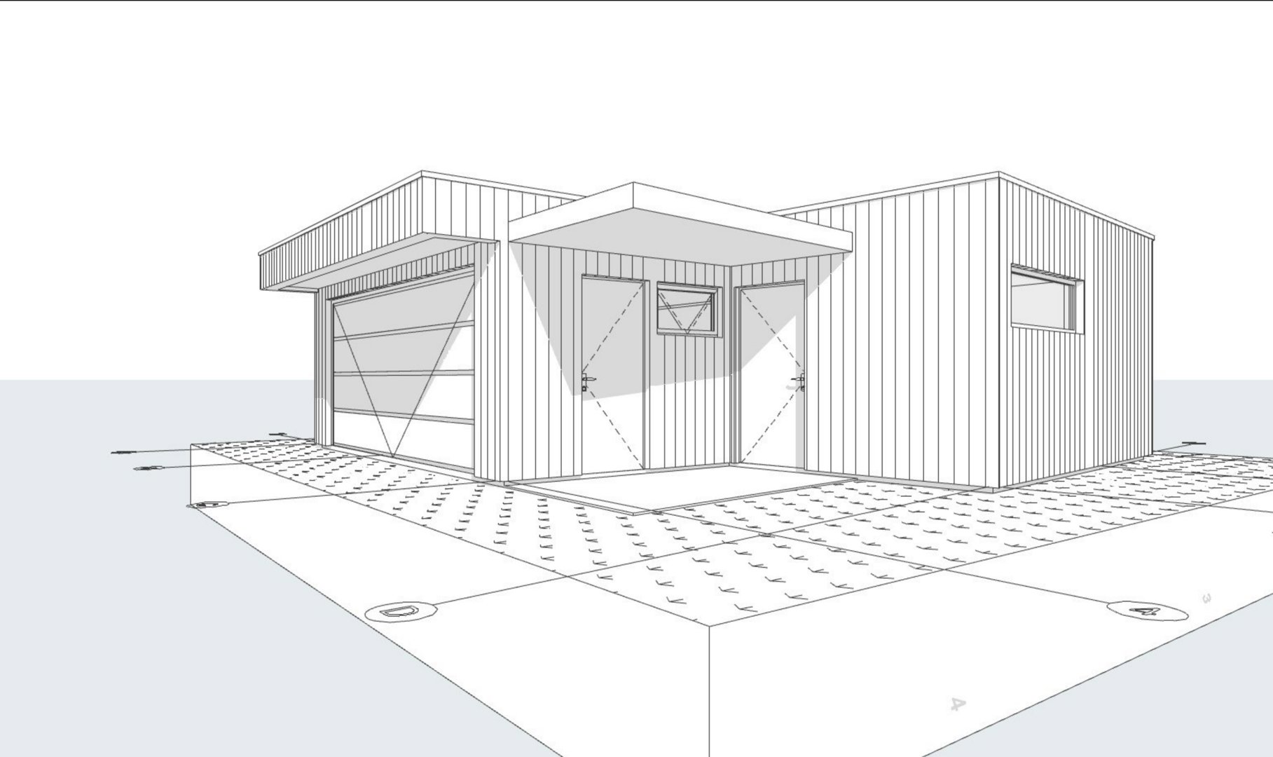 En 3D-visualisering (rendering) av en liten bygning, sannsynligvis en garasje eller uthus, sett fra en vinkel som viser fasade og deler av taket.