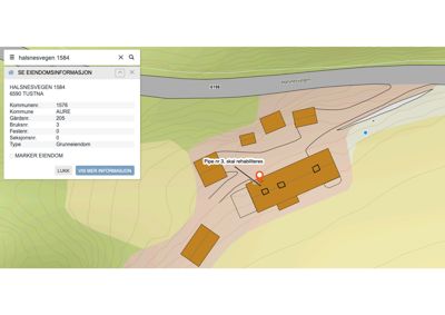 Kartvisning av eiendom med eiendomsinformasjon i en sidepanel.