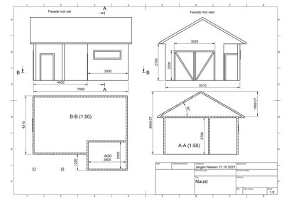 Bildet viser fasadetegninger for en bygning (en naust). Det er tegnet to fasader (mot sør og vest) med mål og snittegninger (A-A og B-B).