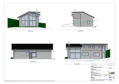 Bildet viser fire fasadetegninger av en bygning (vest, øst, nord, sør) med mål og detaljer.