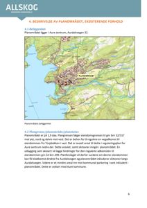 Kart som viser beliggenheten til et planområde i Aure sentrum, inkludert topografi og veioppsett.
