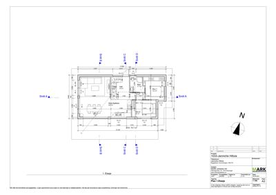 Etasjeplan (1. Etasje) med romfordeling, mål og snittreferanser.
