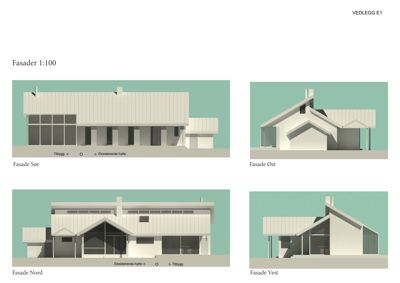 Bildet viser fire fasadetegninger (Nord, Sør, Øst, Vest) av en bygning med en skala på 1:100.