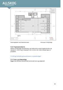 En 2D-illustrasjon (rendering) av parkeringskjeller med tilhørende boder, som er merket som 'Illustrasjon: herlig design' i teksten under tegningen.