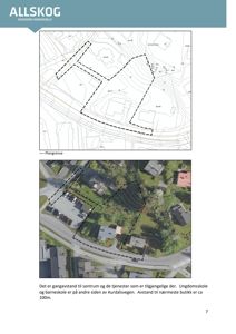 Bildet viser en situasjonsplan med en tegnet plangrense overlappet på et flyfoto av området, som illustrerer bygningens plassering i forhold til veier og nabolag.