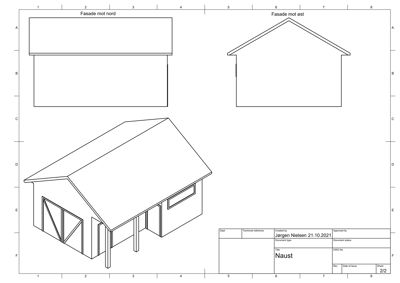 Bildet viser fasadetegninger for en bygning (en naust). Det er tegnet tre utsiktspunkter: en frontfasette, en sidefasette, og et perspektivutsnitt som viser fasaden i 3D.