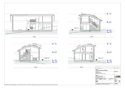 Bildet viser fire snittegninger (Snitt A, B, C, D) av en bygning, som illustrerer tverrsnittet og innvendig oppbygning.