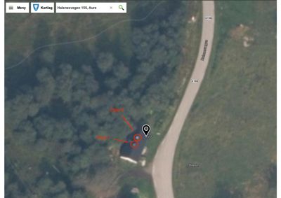 Satellittbilde av Halsnesvegen 155 med markerte punkter for 'Pipe 1' og 'Pipe 2'.