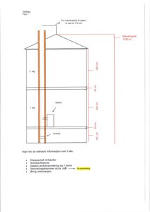 Snittegning som viser etasjehøyder, vindusløyser og plassering av røyk- og ventilasjonsanlegg.