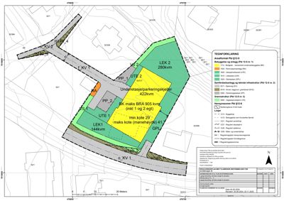 Situasjonsplan som viser tomtens grenser, naboeiendommer, vegnett og bygningers plassering med tilhørende arealdata.