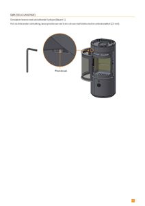 Teknisk tegning som viser en ovnsdør med en innstøpt skruemaskine (pinolskruen) og en nøkkelplassering.