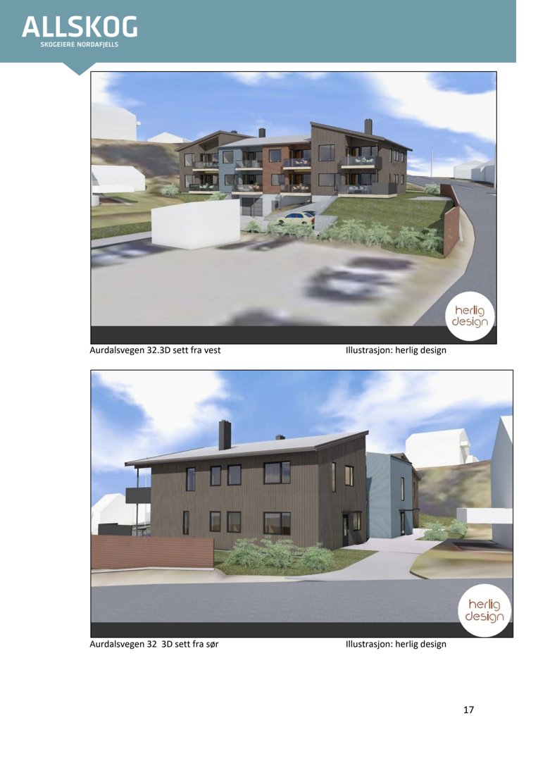 To 3D-visualiseringer (renderinger) av et planlagt hus, vist fra vest og sør.