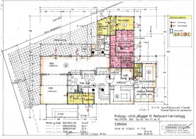 Etasjeplan (1. etasje) for utvidelse av Krobygget til restaurant/servicebygg, med romfordeling, dimensjoner og brannsikring.