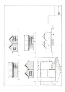 Fasadetegning med oppriss av bygning sett utenfra, inkludert detaljer om takform, vinduer og fasadebehandling.