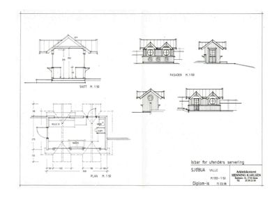 Tegning som viser fasadeoppsett (fra front og side) og et snitt av en liten bygning (isbar).